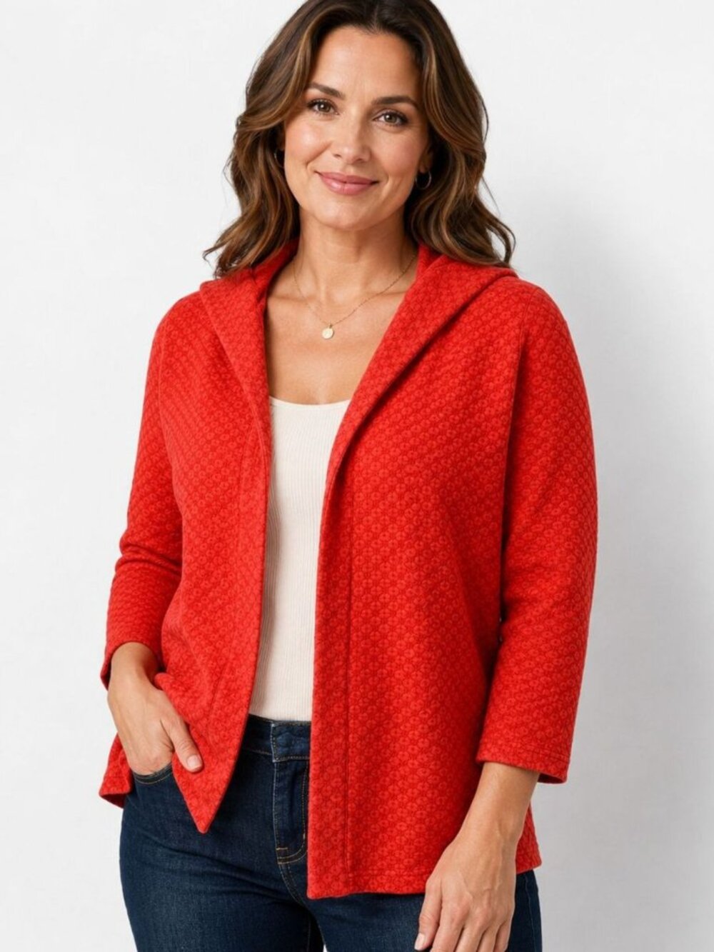 J JIll Womens Hooded Cardigan Red Textured Knit Open Front Long Sleeve Size L